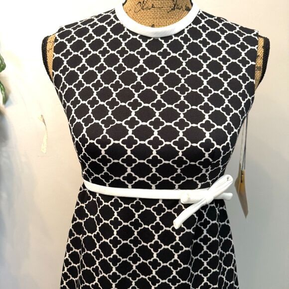 NOS Vintage 70s Black & White Mod Geometric Print Midi Dress S/M David Warren - Picture 3 of 9